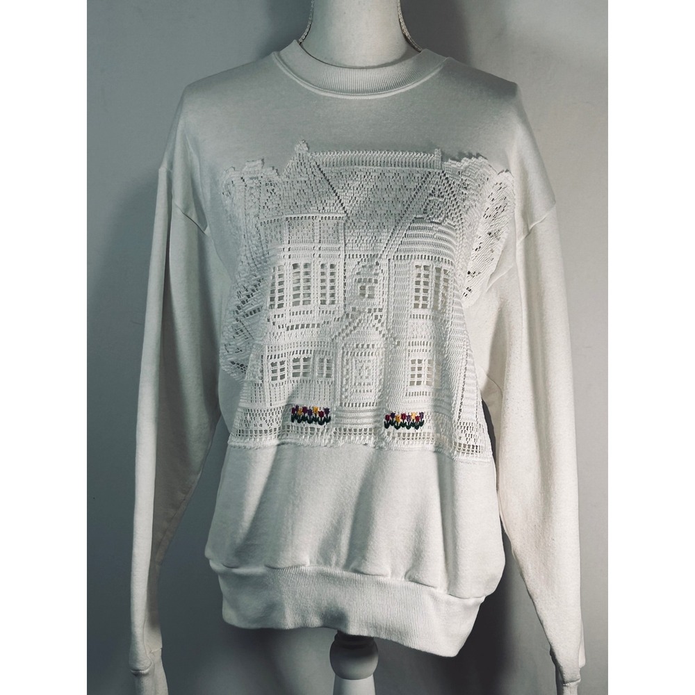 Vintage White Lace Crochet House Sweatshirt Floral Embroidery Cottagecore Med